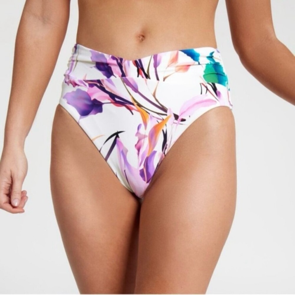 CALIA Women's Shirred V Front High Rise Swim Bottoms Unbleached Multi Floral XL